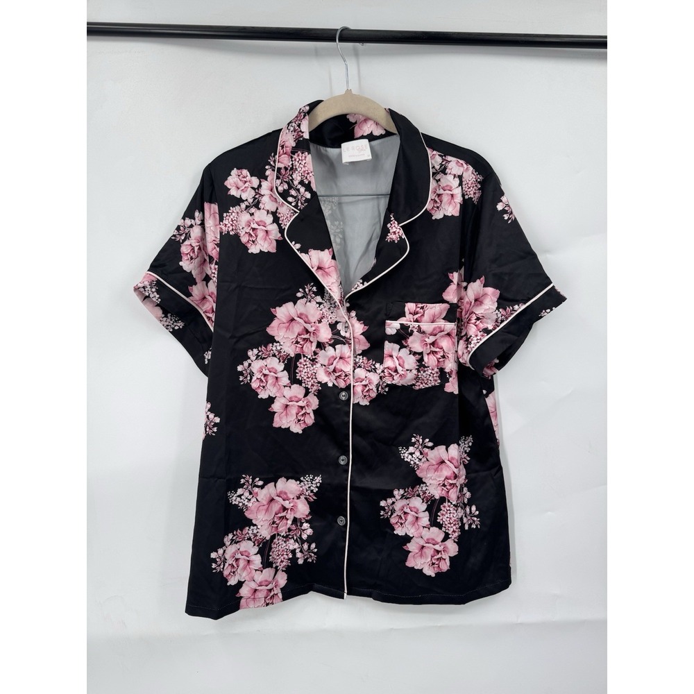 LE ROSE Black Floral Women's Button‎ Up Pajama Top Size S Pocket Feminine Sleep